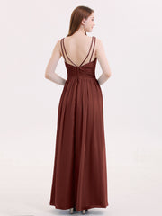 DOUBLE BEADED STRAP Chiffon Gowns with Slit Terracotta