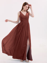 DOUBLE BEADED STRAP Chiffon Gowns with Slit Terracotta