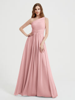One Shoulder Long Chiffon Bridesmaid Gown Dusty Rose