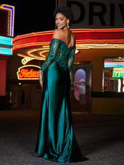 Off shoulder Long Sleeve Mermaid Satin Gown Dark Green Plus Size