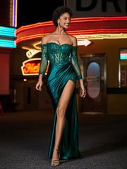 Off shoulder Long Sleeve Mermaid Satin Gown Dark Green Plus Size