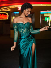 Off shoulder Long Sleeve Mermaid Satin Gown Dark Green Plus Size