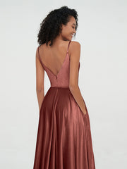 Spaghetti Strap Midi Velvet Dresses with Pockets Terracotta