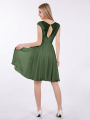 Chiffon and Lace Short Dress with Open Back Olive Green