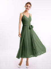 Spaghetti Straps Chiffon Dress with V Neck & Sash Bow Olive Green