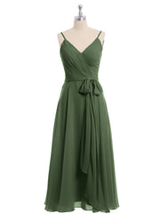 Spaghetti Straps Chiffon Dress with V Neck & Sash Bow Olive Green