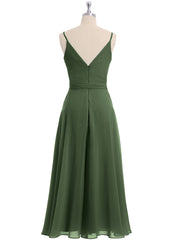 Spaghetti Straps Chiffon Dress with V Neck & Sash Bow Olive Green