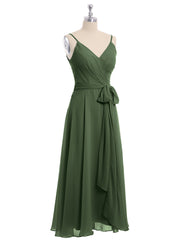 Spaghetti Straps Chiffon Dress with V Neck & Sash Bow Olive Green