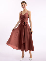 Spaghetti Straps Chiffon Dress with V Neck & Sash Bow Terracotta