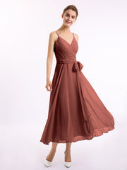 Spaghetti Straps Chiffon Dress with V Neck & Sash Bow Terracotta