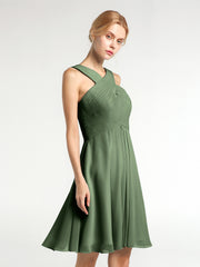 Cross Pleated Bodice Short Chiffon Dresses Olive Green