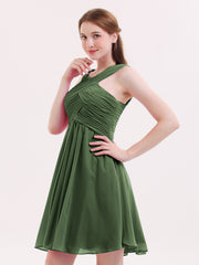 Cross Pleated Bodice Short Chiffon Dresses Olive Green