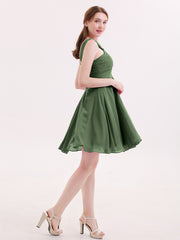 Cross Pleated Bodice Short Chiffon Dresses Olive Green