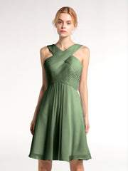 Cross Pleated Bodice Short Chiffon Dresses Olive Green