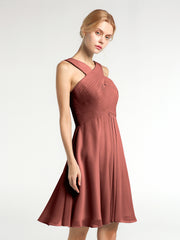Cross Pleated Bodice Short Chiffon Dresses Terracotta