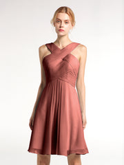 Cross Pleated Bodice Short Chiffon Dresses Terracotta