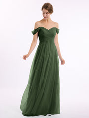 Off the Shoulder Long Tulle Gown with Sweetheart Neck Olive Green
