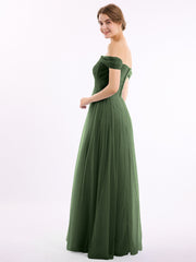 Off the Shoulder Long Tulle Gown with Sweetheart Neck Olive Green