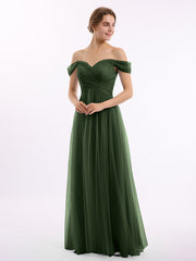 Off the Shoulder Long Tulle Gown with Sweetheart Neck Olive Green