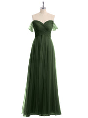 Off the Shoulder Long Tulle Gown with Sweetheart Neck Olive Green