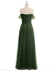 Off the Shoulder Long Tulle Gown with Sweetheart Neck Olive Green