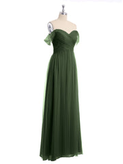 Off the Shoulder Long Tulle Gown with Sweetheart Neck Olive Green