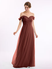 Off the Shoulder Long Tulle Gown with Sweetheart Neck Terracotta