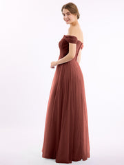 Off the Shoulder Long Tulle Gown with Sweetheart Neck Terracotta
