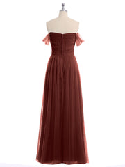 Off the Shoulder Long Tulle Gown with Sweetheart Neck Terracotta