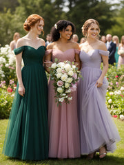 Off the Shoulder Long Tulle Gown with Sweetheart Neck Dusty Rose
