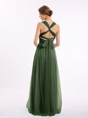 Long Tulle Dress with Convertible Back Design Olive Green