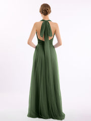 Long Tulle Dress with Convertible Back Design Olive Green