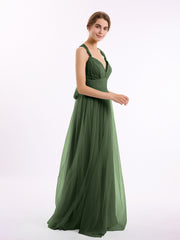 Long Tulle Dress with Convertible Back Design Olive Green