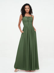 Square Neck Spaghetti Straps Chiffon Dresses Olive Green