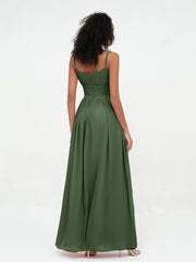 Square Neck Spaghetti Straps Chiffon Dresses Olive Green