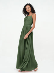 Square Neck Spaghetti Straps Chiffon Dresses Olive Green