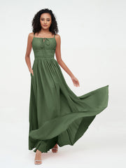 Square Neck Spaghetti Straps Chiffon Dresses Olive Green