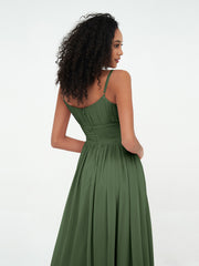 Square Neck Spaghetti Straps Chiffon Dresses Olive Green