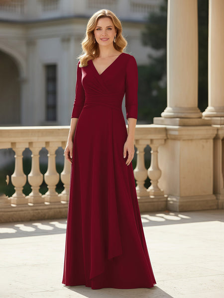 BABARONI Chiffon Burgundy Mother of the Bride Dresses A-line V-neck  Floor-length 3/4 Sleeves – BABARONI UK