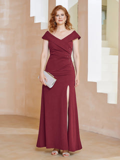 V-Neck Sheath Slit Floor-Length Gown Burgundy