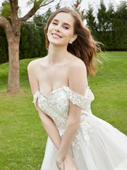 Off-the-shoulder Chapel train Lace Wedding Dress Ivory/Champagne