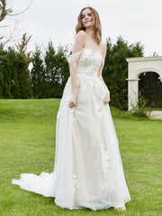 Off-the-shoulder Chapel train Lace Wedding Dress Ivory/Champagne