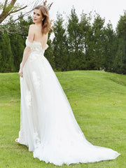 Off-the-shoulder Chapel train Lace Wedding Dress Ivory/Champagne