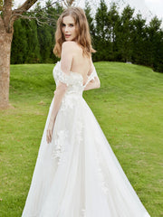 Off-the-shoulder Chapel train Lace Wedding Dress Ivory/Champagne