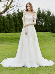 Off-the-shoulder Chapel train Lace Wedding Dress Ivory/Champagne