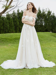 Off-the-shoulder Chapel train Lace Wedding Dress Ivory/Champagne