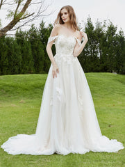 Off-the-shoulder Chapel train Lace Wedding Dress Ivory/Champagne