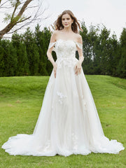 Off-the-shoulder Chapel train Lace Wedding Dress Ivory/Champagne