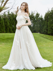Off-the-shoulder Chapel train Lace Wedding Dress Ivory