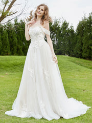 Off-the-shoulder Chapel train Lace Wedding Dress Ivory/Champagne